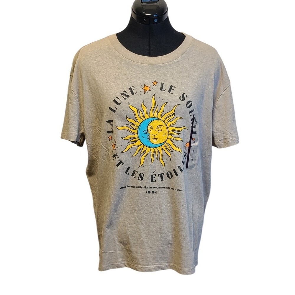 Doe Women Celestial Sun Moon Graphic T-Shirt Tan Cotton XL La Lune Le Soleil